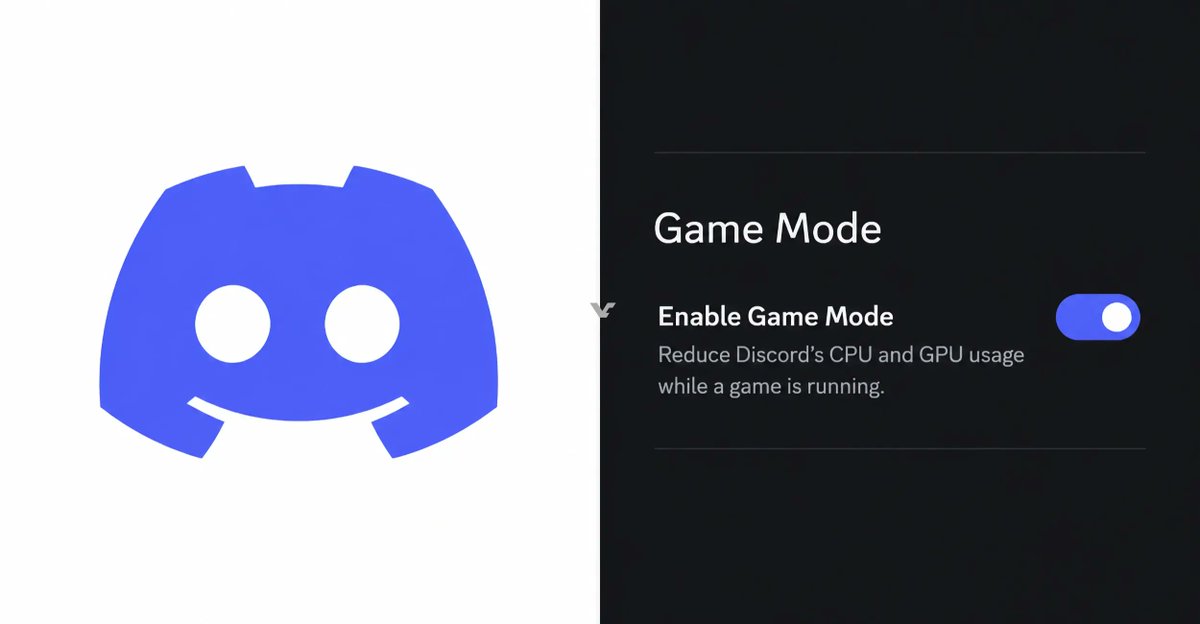 Discord’s logo appears beside a Game Mode setting for reducing CPU and GPU use during games.