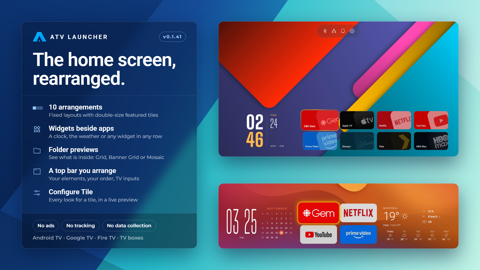 ATV Launcher version 0.1.41 home screen with large app tiles and widgets.