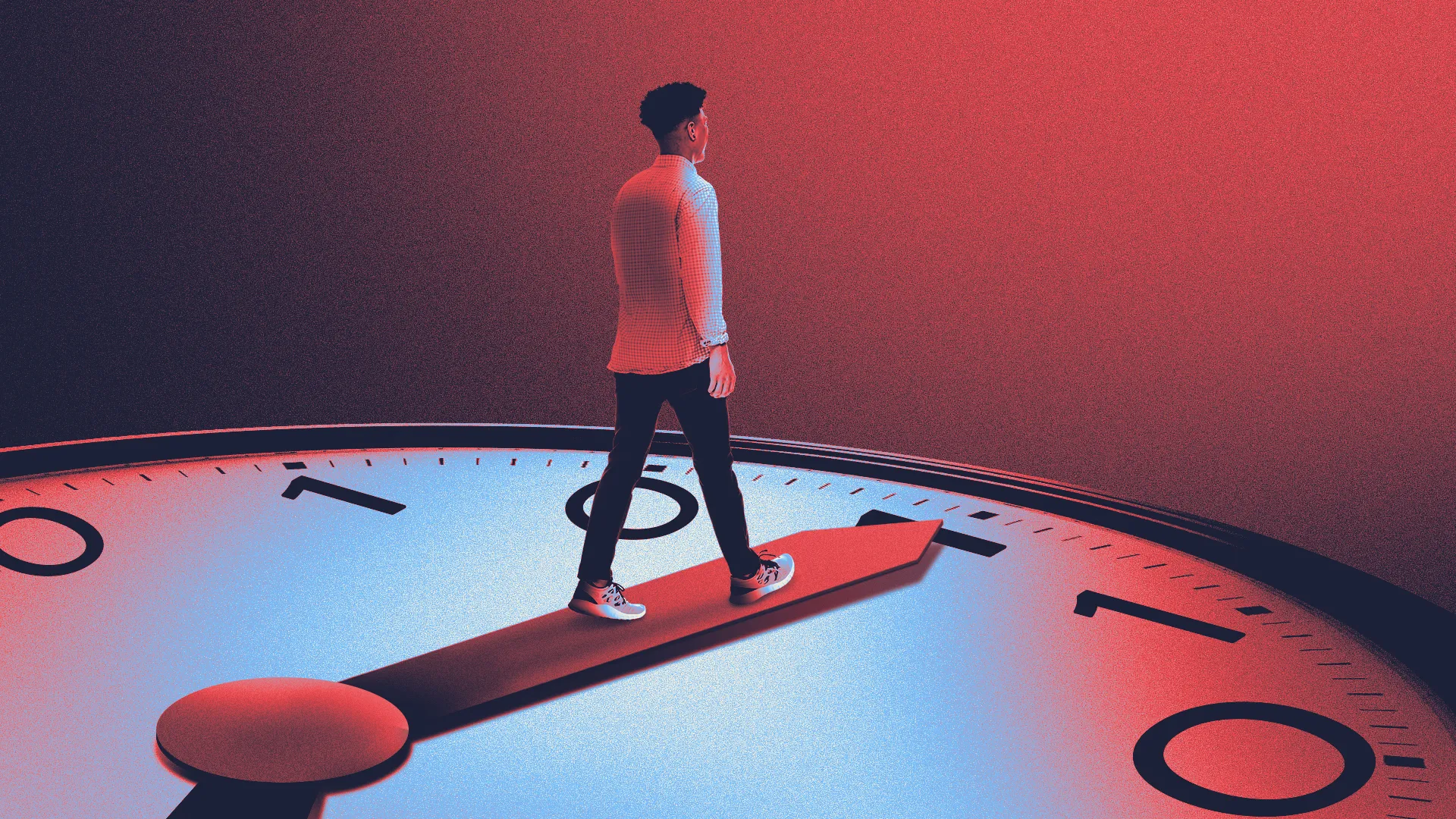 Illustration of a young person walking along a clock hand over a field of binary digits.