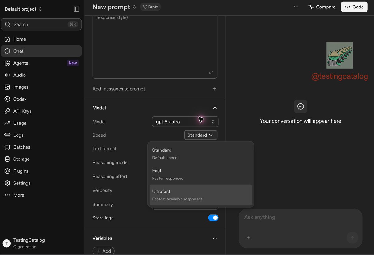 A screenshot of an OpenAI API interface showing speed options.