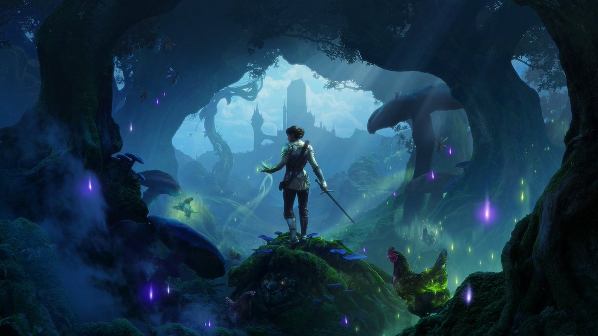 Fable’s Hero stands with a sword in a glowing forest, facing a distant castle as a chicken watches nearby.