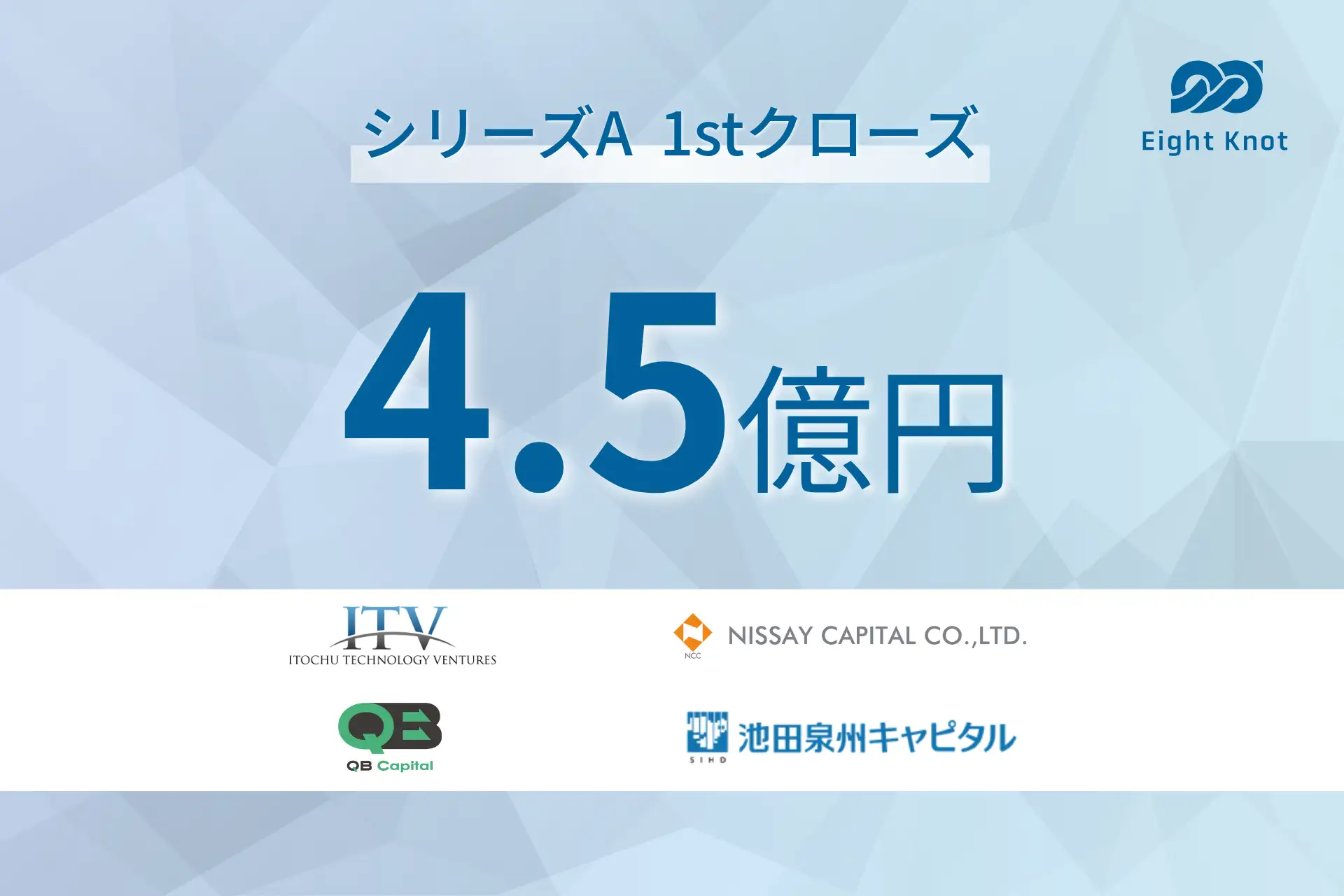 Eight Knot Series A first-close graphic showing ¥450 million and the participating investors.