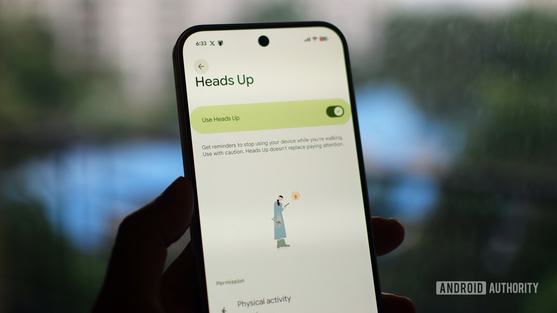 Android phone displaying the Digital Wellbeing Heads Up walking-alert settings.