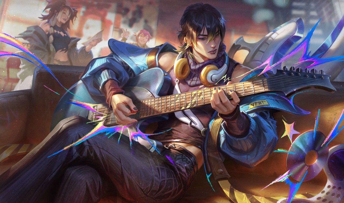 HEARTSTEEL Aphelios playing a blue guitar in a record shop