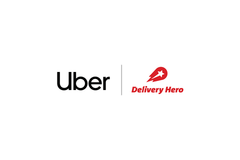 Uber and Delivery Hero logos in the companies' acquisition announcement graphic.