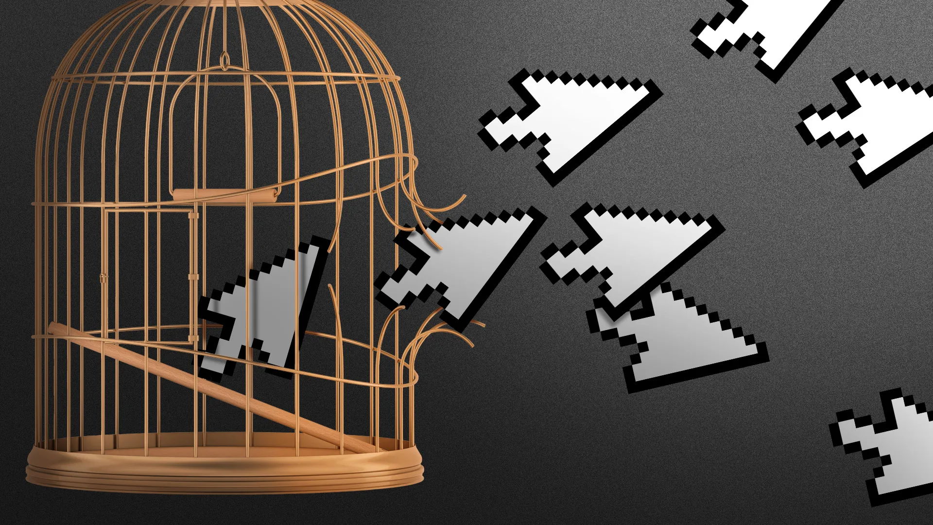 Pixelated cursor icons break out of an open birdcage in an Axios illustration.