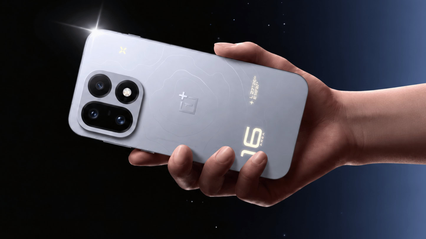 A OnePlus 16 render showing glowing orange markings across the phone's rear panel.