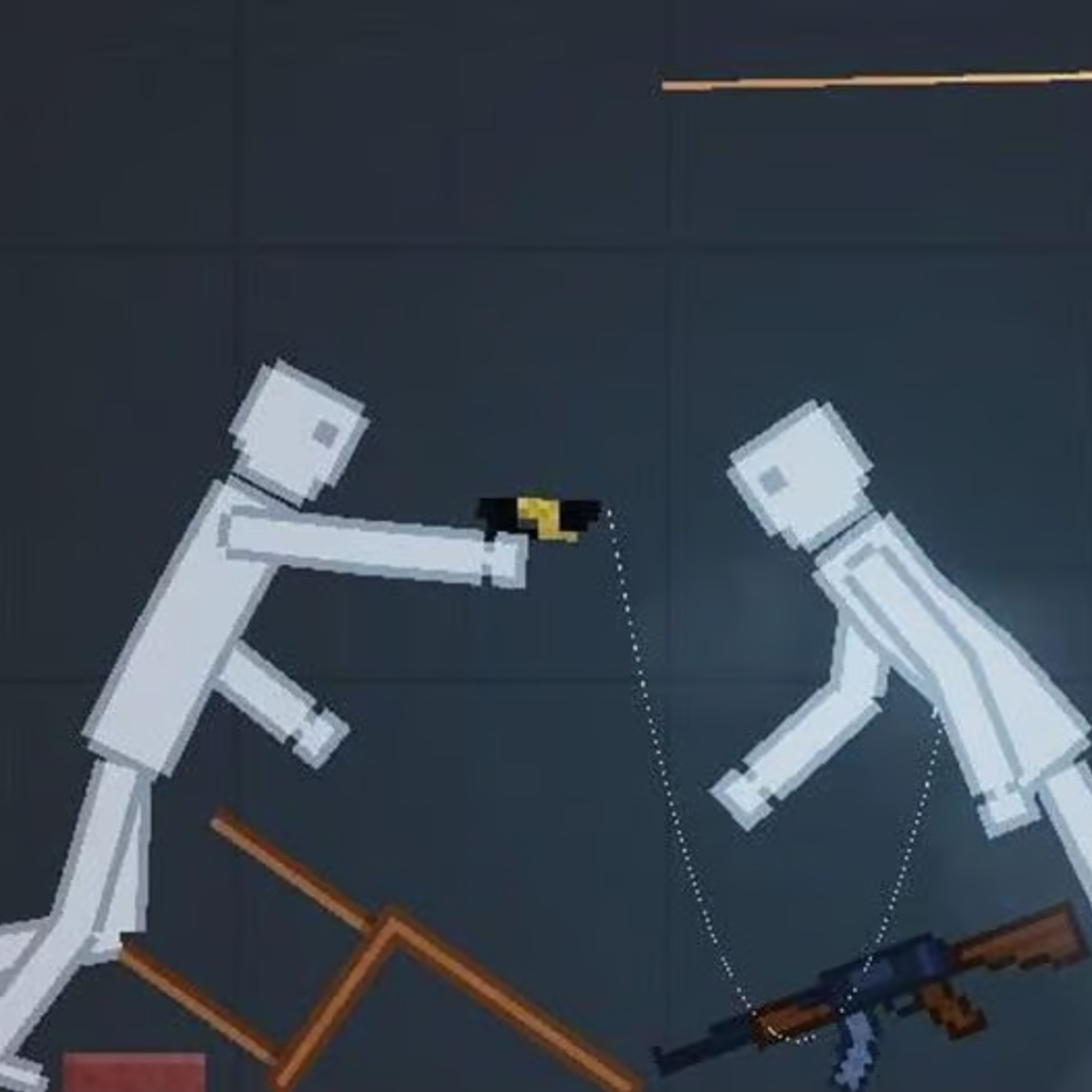 People Playground gameplay shows two white ragdoll figures in a dark room, with one holding a handgun.