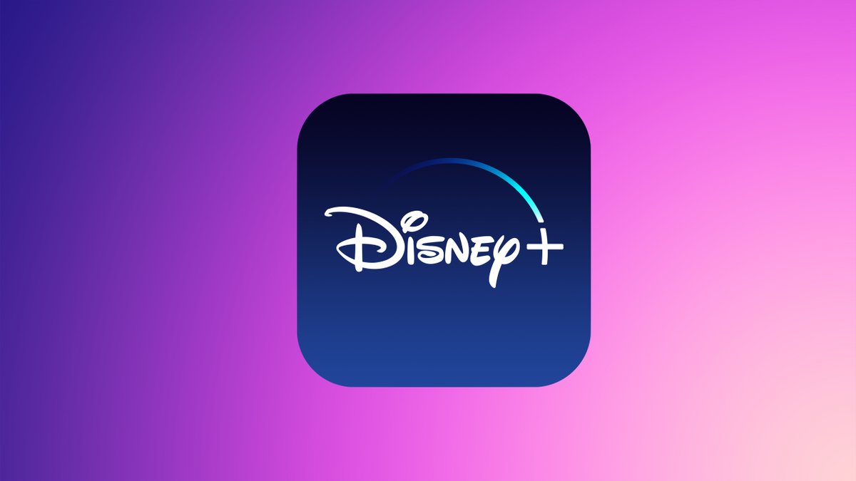 Disney+ app icon centered on a purple and pink gradient background.