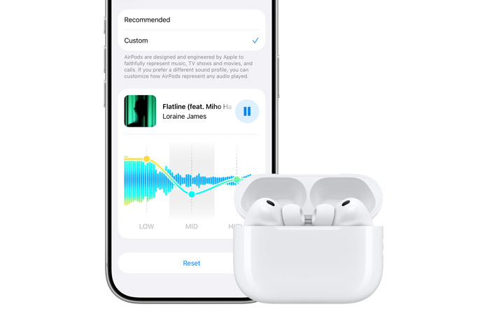 An iPhone displays AirPods Custom Equalizer controls beside an open AirPods Pro case.