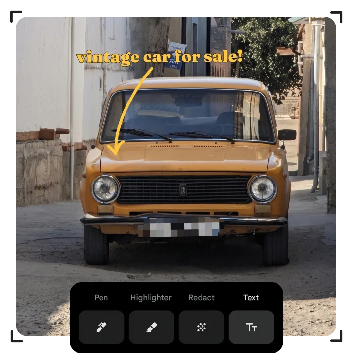 Google Photos markup controls shown over a vintage-car photo with its license plate blurred.