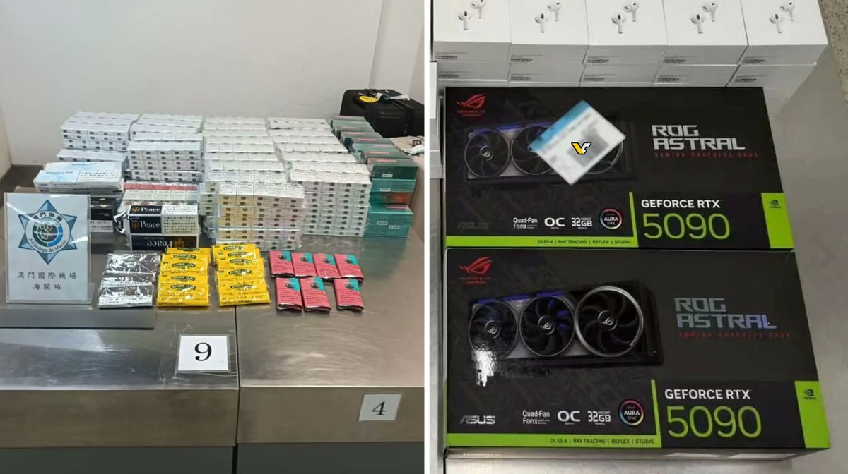 A Macau Customs seizure display appears beside two boxed Asus ROG Astral GeForce RTX 5090 graphics cards.