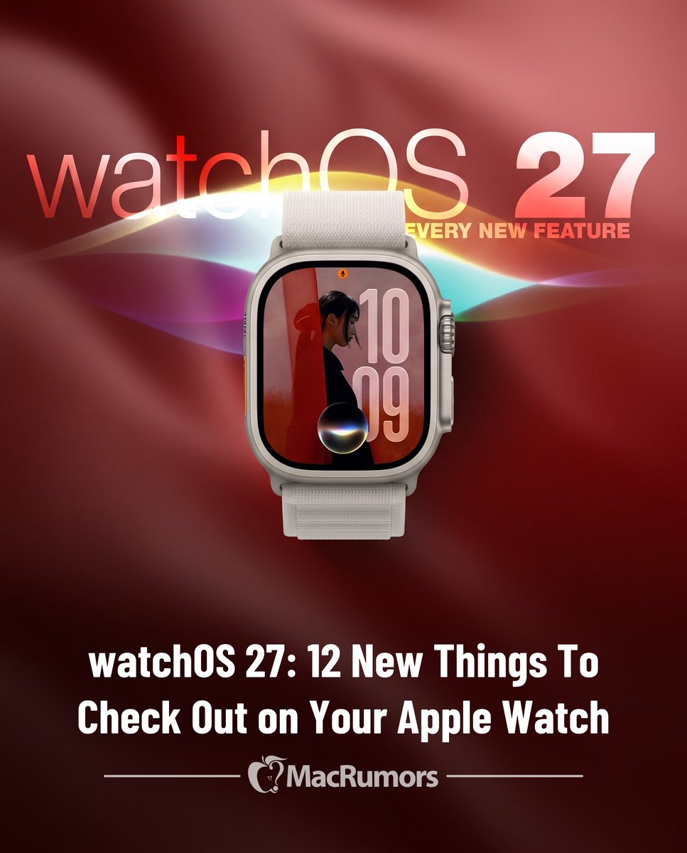A MacRumors watchOS 27 graphic shows an Apple Watch and promotes 12 new features.