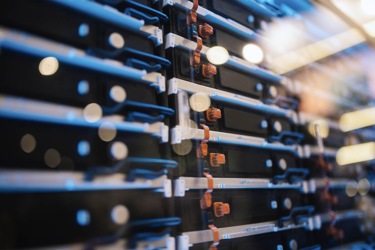 Rows of server hardware in a data center.