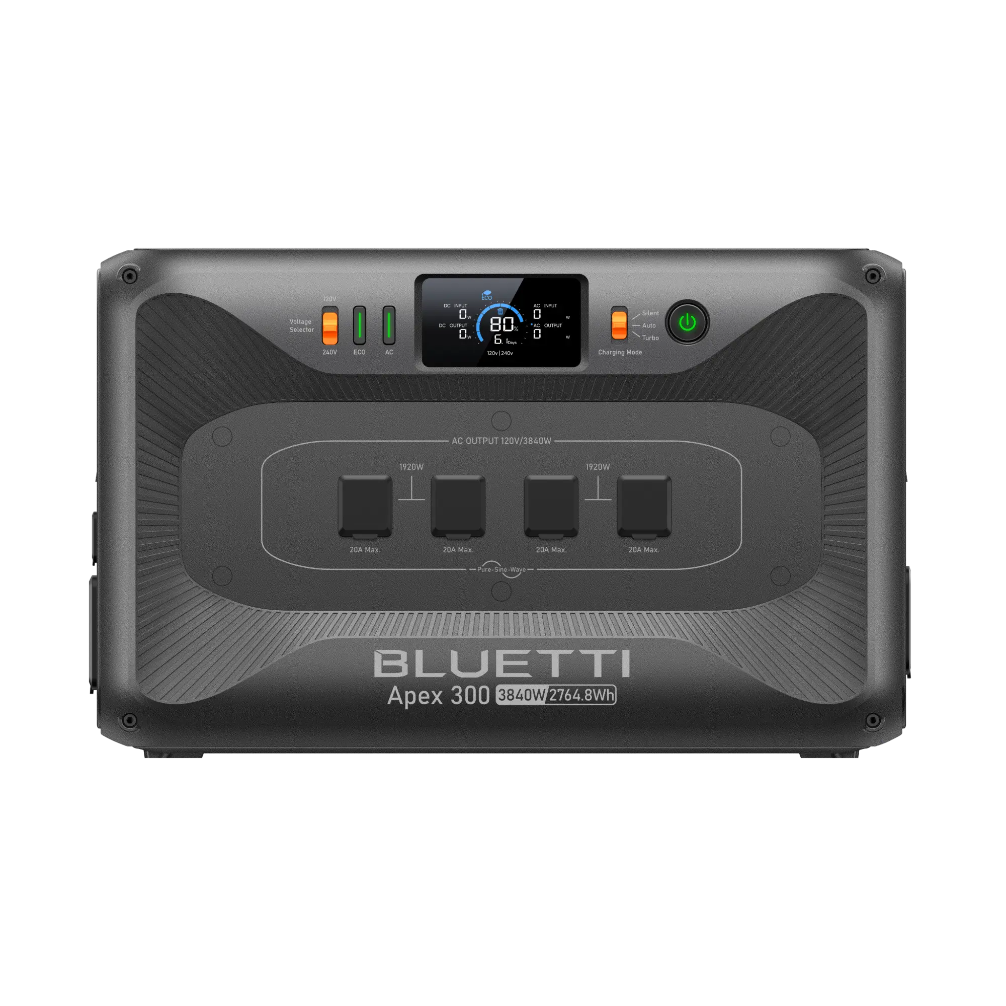 Front view of a Bluetti Apex 300 portable power station with its display and AC outlets.