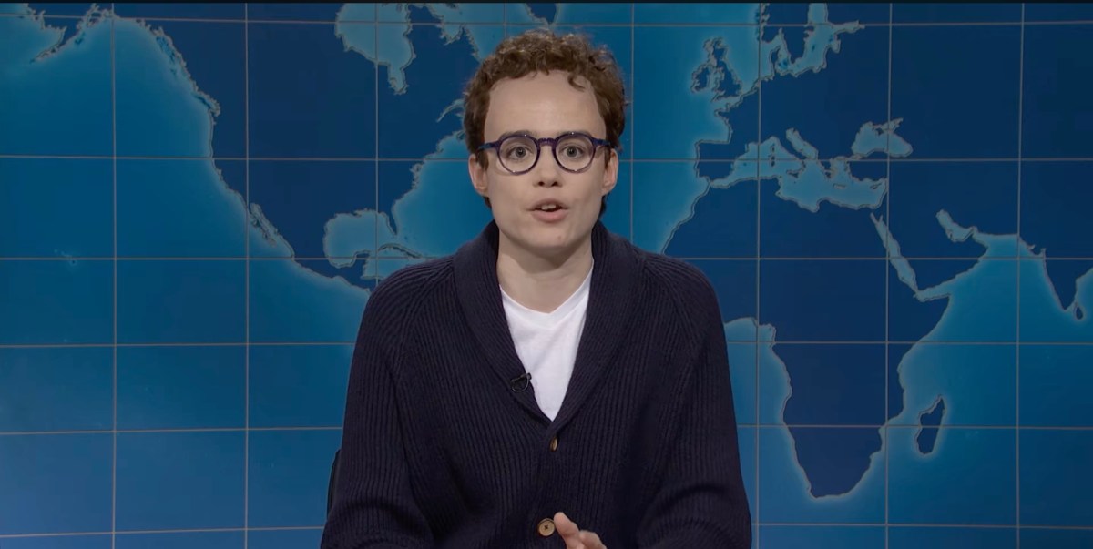 Jane Wickline portrays Anthropic CEO Dario Amodei during Saturday Night Live’s Weekend Update.